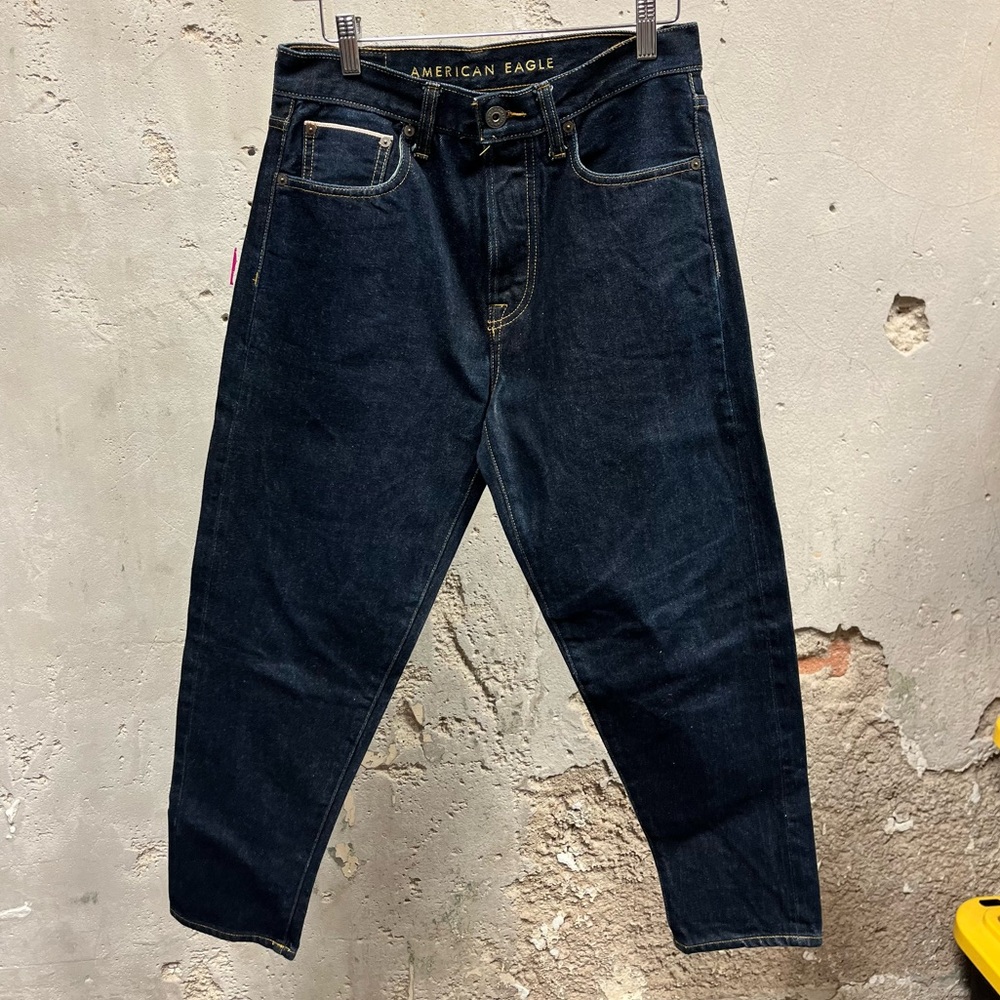 American Eagle Selvedge Dark Wash Raw Denim Button Fly Relaxed Taper Jeans 29x32